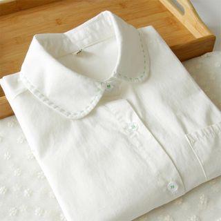 Peter Pan Collar Long-sleeved Crewneck Pocketed Plain Slim Blouse