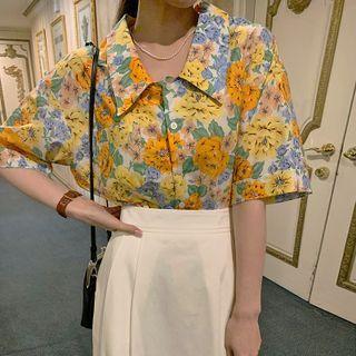 Short-sleeve Floral Print Shirt Floral - Orange & Yellow & Blue - One Size