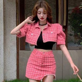 Puff-sleeve Houndstooth Cropped Jacket / Distressed Mini Pencil Skirt