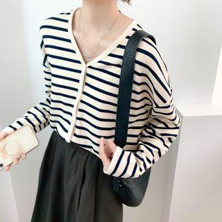 V-neck Two Tone Striped Button-up Cardigan Stripe - Navy Blue - One Size