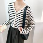 V-neck Two Tone Striped Button-up Cardigan Stripe - Navy Blue - One Size