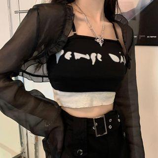 Long-sleeve Mesh Shrug / Two-tone Cropped Camisole Top