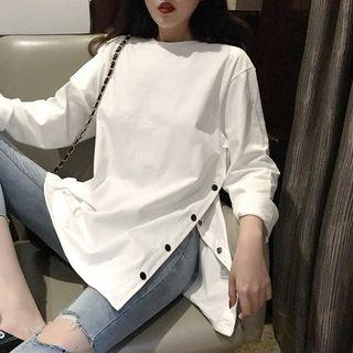 Long-sleeve Snap-button Hem Long T-shirt