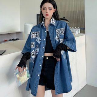 Short-sleeve Animal Print Panel Denim Shirt
