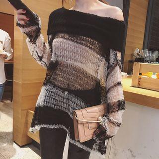 One-shoulder Pointelle Knit Sweater Stripes - Black - One Size