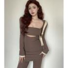 Set: Long-sleeve Irregular Plain Slim-fit Top + Boot-cut Pants