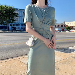Short-sleeve Tie-waist Sheath Dress Dress - Green - One Size