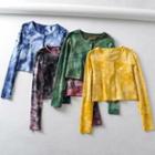 Embroidered Tie-dye Print Button Cropped T-shirt