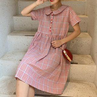 Plaid Short-sleeve A-line Shirtdress As Shown In Figure - One Size
