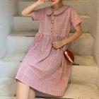 Plaid Short-sleeve A-line Shirtdress As Shown In Figure - One Size
