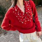 Faux Pearl Collar Sweater Red - One Size