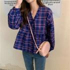 V-neck Plaid Long-sleeve Shirt As Shown In Figure - One Size