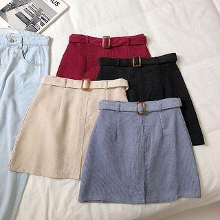 Plain High-waist Corduroy A-line Skirt With Belt