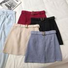 Plain High-waist Corduroy A-line Skirt With Belt