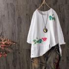 Floral Embroidered Ripped 3/4-sleeve T-shirt