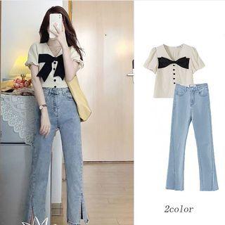 Short-sleeve Bow Blouse / Slit Straight Leg Jeans / Set