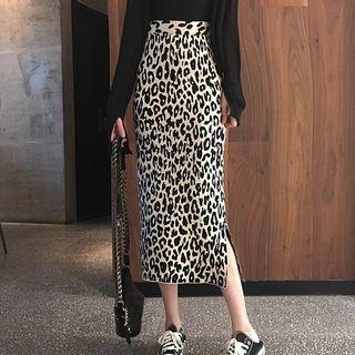 Leopard Patterned Side-slit H-line Skirt As Shown In Figure - One Size