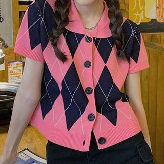 Short-sleeve Argyle Knit Top Pink & Black - One Size