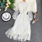 Long-sleeve Lace A-line Maxi Dress White - One Size