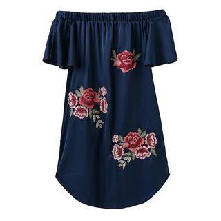 Embroidered Off-shoulder Elbow-sleeve Shift Dress