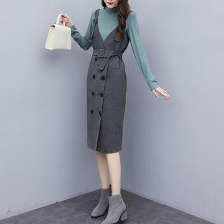 Set: Mock-turtleneck Knit Top + Buttoned Pinafore Dress