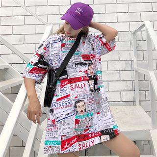 Elbow-sleeve Printed Oversized T-shirt White - One Size