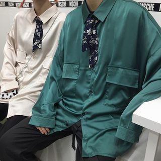 Couple Matching Satin Long-sleeve Shirt With Tie