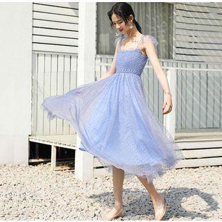 Spaghetti Strap Smocked Midi Mesh Dress