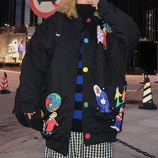 Cartoon Print Bomber Jacket Black - One Size