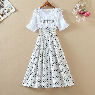 Dot Short-sleeve Mock Two-piece Dress
