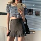 Detachable Sleeve Cold-shoulder Cropped Blouse / Pleated Mini A-line Skirt