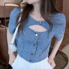 Puff-sleeve Denim Top As Shown In Figure - One Size