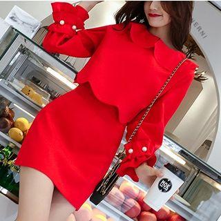 Set: Long-sleeve Ruffle Trim Top + Mini Pencil Skirt