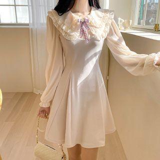 Frilled Layered-collar Godet Dress With Brooch