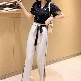 Set: Sequined Cropped Short-sleeve T-shirt + Color Block Wide-leg Pants