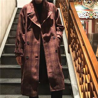 Plaid Double-breasted Long Woolen Coat