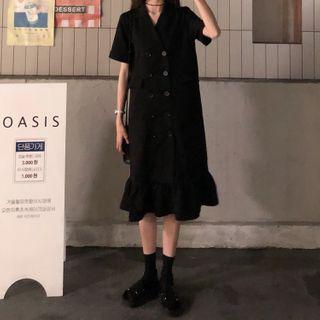 Short-sleeve Double-breasted Midi Mermaid Dress Black - One Size