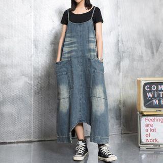 Spaghetti Strap Washed Denim Midi Dress Blue - One Size