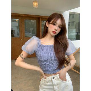 Puff-sleeve Mesh Panel Crinkle Top Airy Blue - One Size