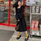 Long-sleeve Square-neck Midi A-line Dress Black - One Size