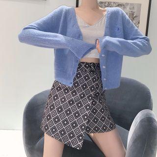 Plain Cardigan / Camisole Top / Patterned A-line Skirt