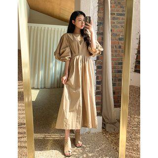 Knotted Puff-sleeve Pleated Maxi Dress