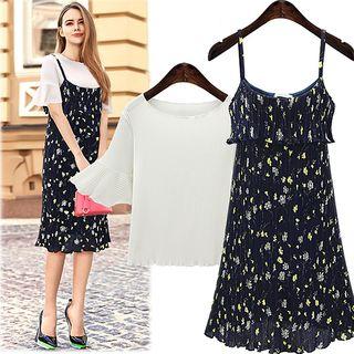 Set: Short-sleeve T-shirt + Strappy Floral A-line Midi Dress
