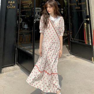 Short-sleeve Cherry Print Midi Shift Dress