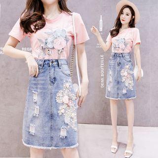 Floral Embroidered Straight-fit Denim Skirt