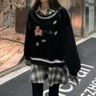 Long-sleeve Mock Two Piece Bear Embroidered Plaid Panel Top Black - One Size