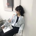 Cutout Long-sleeve Loose-fit Denim Shirt As Figure - One Size