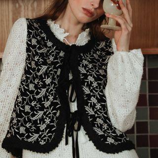 Floral Embroidered Tie-strap Vest