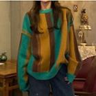 Color-block Sweater Stripes - Yellow & Green & Coffee - One Size