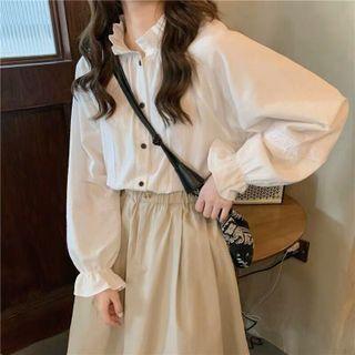 Ruffle Trim Blouse / Midi A-line Skirt / Set